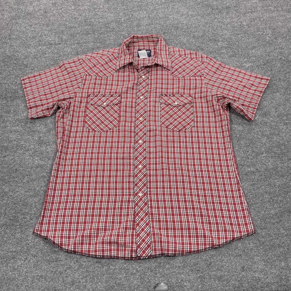 Wrangler Shirt Mens XL Red Plaid Short‎ Sleeve Pearl Snap Western Casual